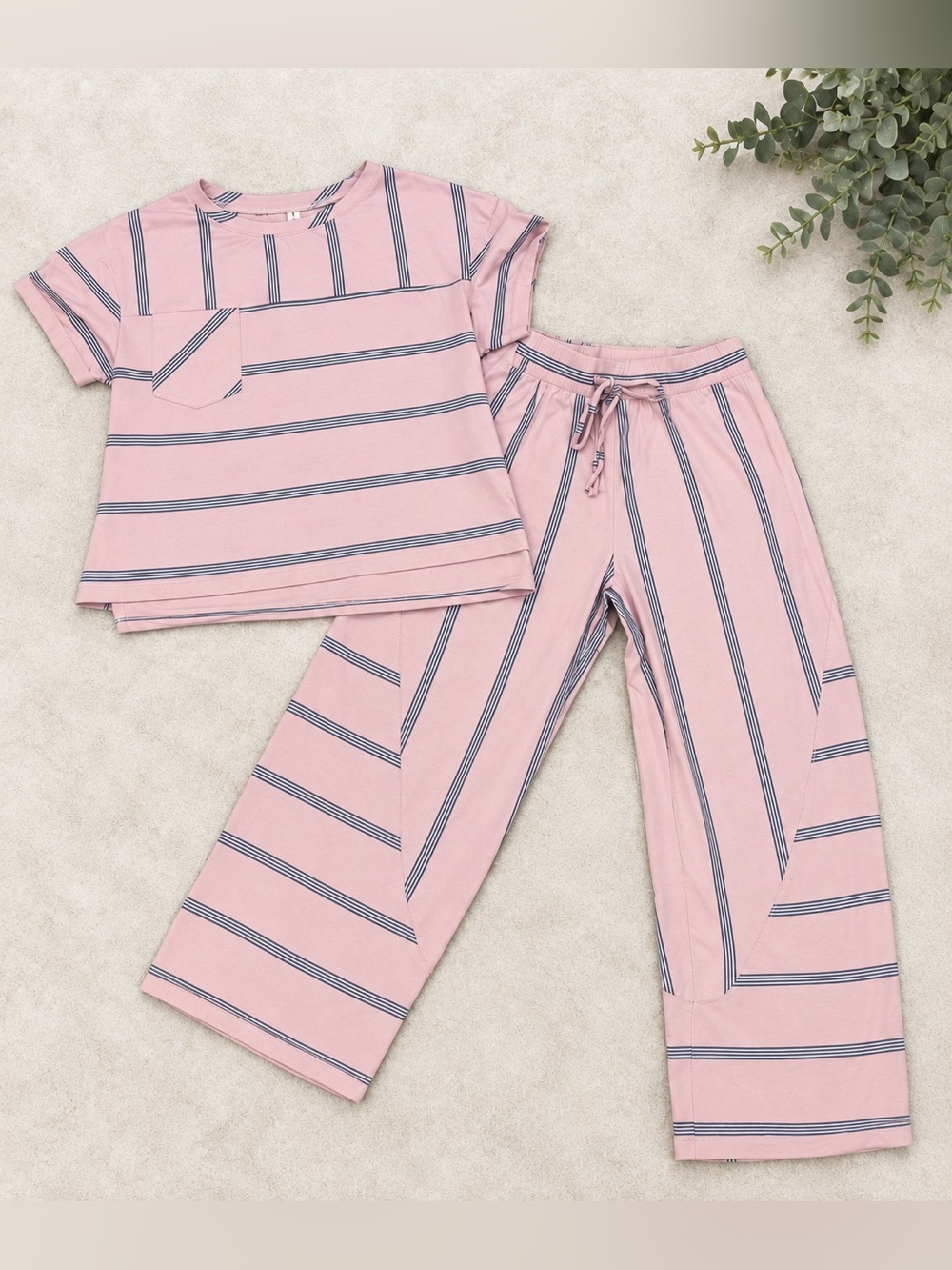 Blush Pink Striped 2-Piece Lounge Set | Tee + Wide Leg Pants
